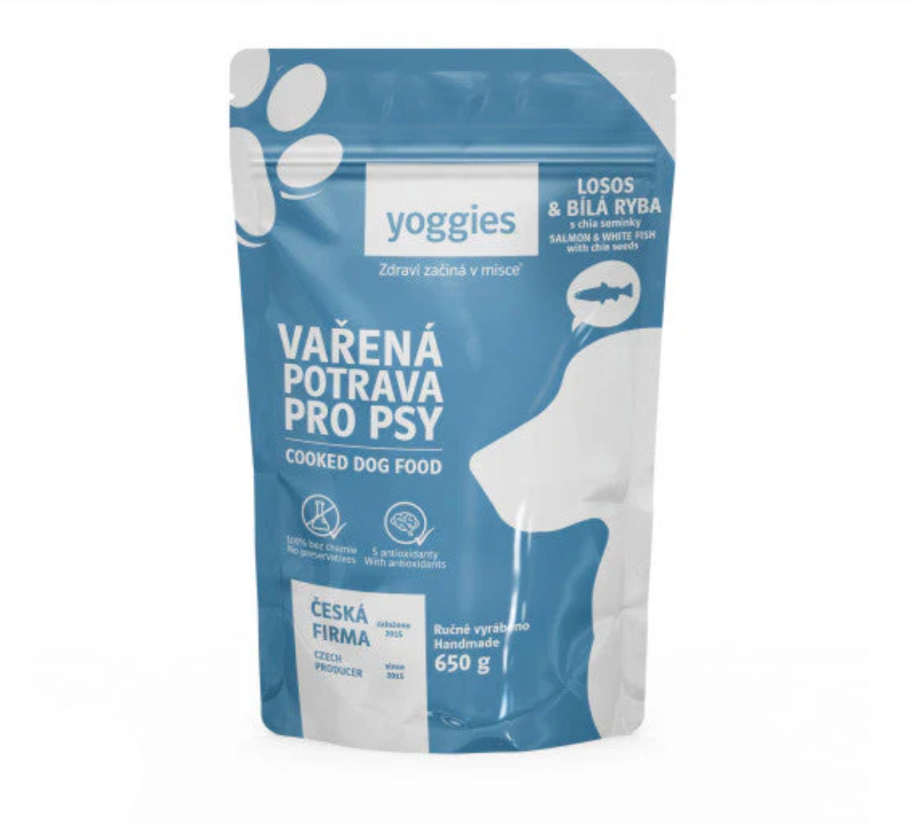 Yoggies Vařená potrava pro psy – losos a bílá ryba s chia semínky 650g