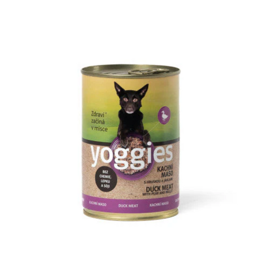Yoggies kachní konzerva s hruškou a jáhlami 400g