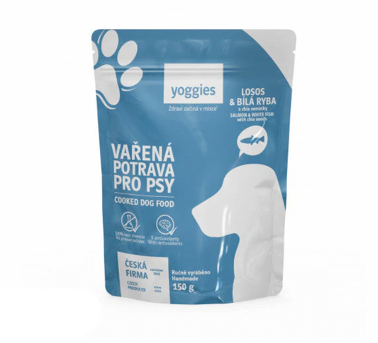 Yoggies Vařená potrava pro psy – losos a bílá ryba s chia semínky 150g