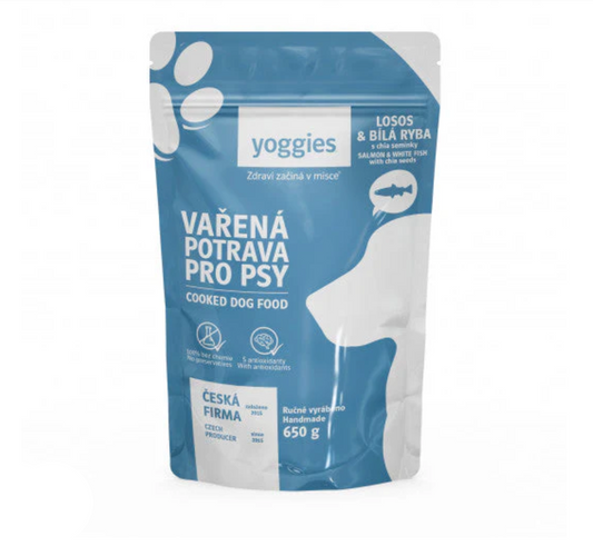 Yoggies Vařená potrava pro psy – losos a bílá ryba s chia semínky 650g