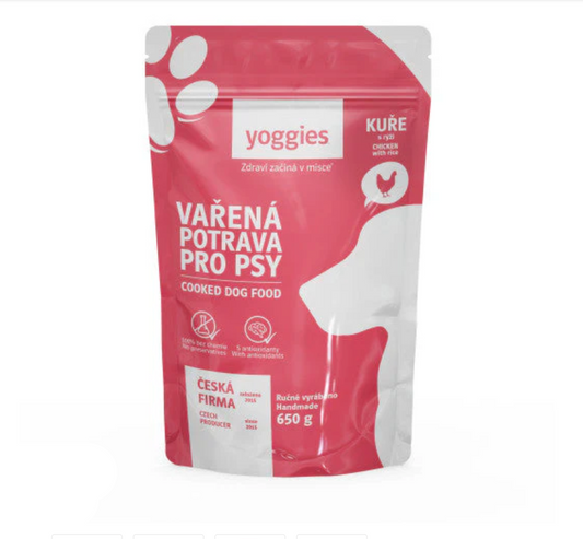 Yoggies Vařená potrava pro psy – kuřecí maso s rýží 650g