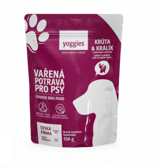Yoggies Vařená potrava pro psy – krůtí a králičí maso s dýňovými semínky 150g