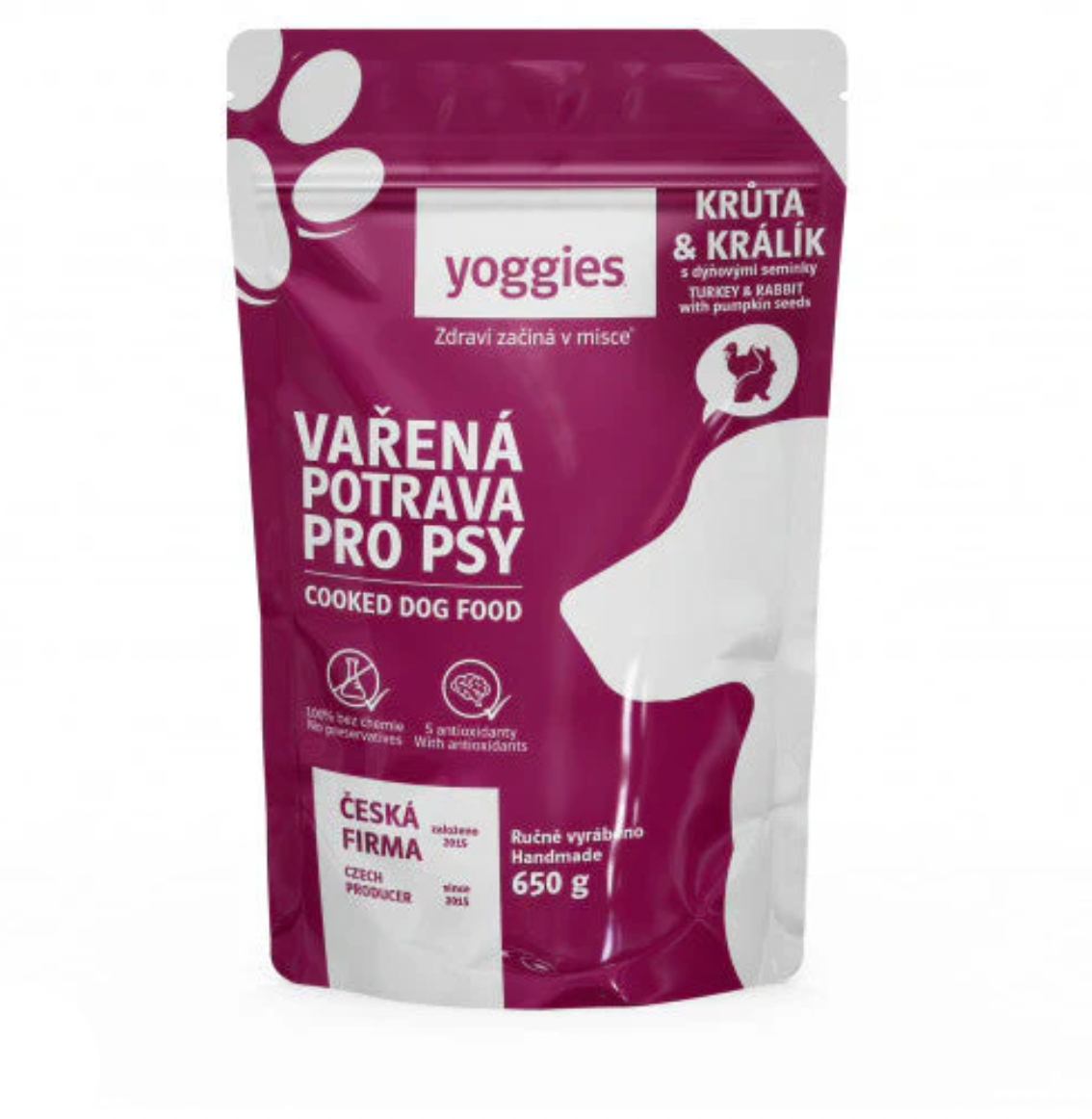 Yoggies Vařená potrava pro psy – krůtí a králičí maso s dýňovými semínky 650g