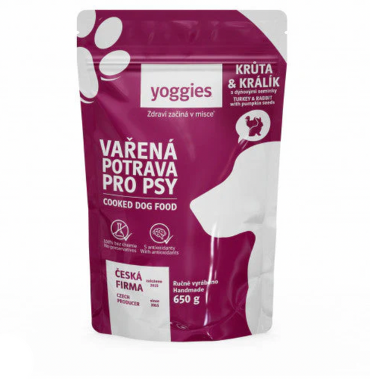 Yoggies Vařená potrava pro psy – krůtí a králičí maso s dýňovými semínky 650g